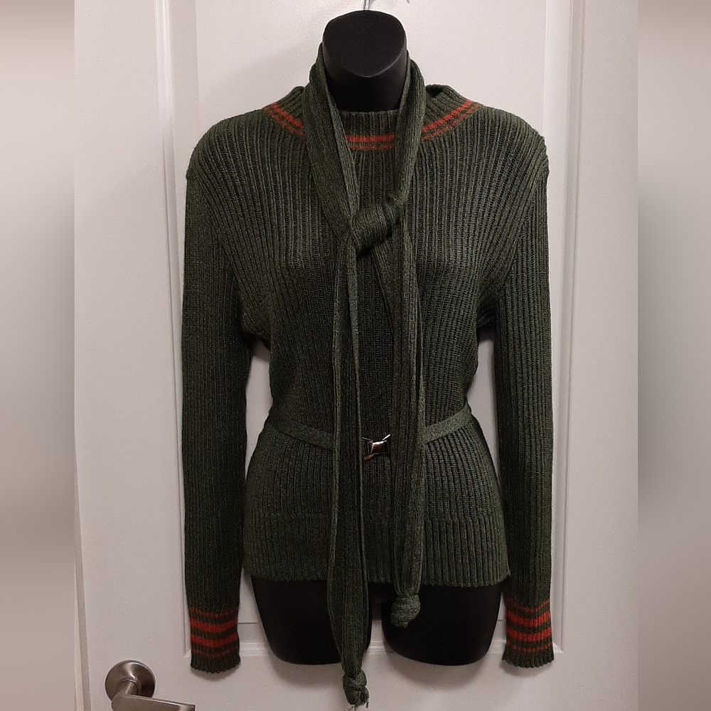 Vintage Tricots de Paris Knit Women's Belted Sweater Size 14 Green Pull On